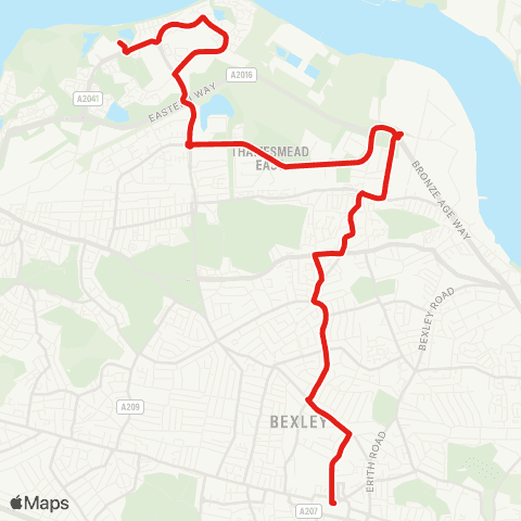 TfL Thamesmead, Town Ctr - Crossway - Upper Belvedere - Woolwich Rd - Bexleyheath map