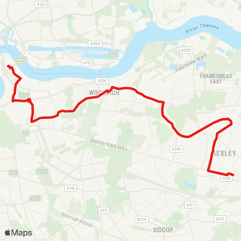 TfL N Greenwich - Blackheath (Royal Standard) - Woolwich - Plumstead - Bexleyheath Sta and Town Ctr map