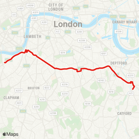 TfL Lewisham, Shopping Ctr - New Cross Gate - Peckham - Camberwell - Oval - Vauxhall - Battersea Power Sta - Battersea Pk Sta map