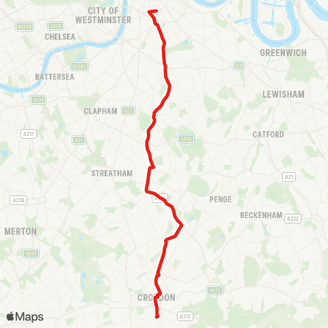 TfL S Croydon, S End - Norwood - Herne Hill - Denmark Hill - Elephant & Castle map