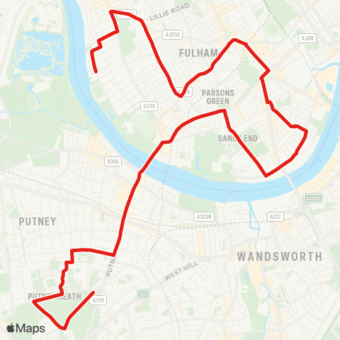 TfL Putney Heath - Hurlingham - Sands End - Fulham Bway - Fulham, Craven Cottage map
