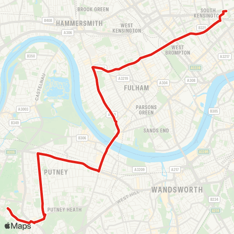 TfL Roehampton, Danebury Av - Putney Sta and High St - Putney Bridge - Fulham Cross - S Kensington map