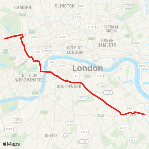 TfL Deptford Bridge - New Cross - Old Kent Rd - Elephant & Castle - Trafalgar Square - Oxford Circus - Marylebone map
