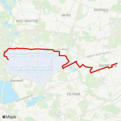 TfL Hounslow, Bus Sta - Hatton Cross - Harlington Corner - Bath Rd - Heathrow Term 5 map