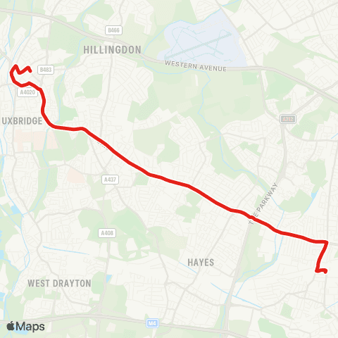 TfL Uxbridge - Hayes End - Hayes (Grapes) - Southall Bway - Southall, Merrick Rd map