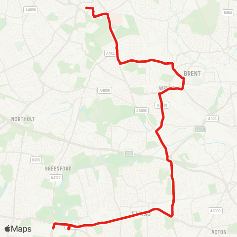 TfL Windmill Pk, Three Bridges - Ealing Hosp - Hanwell - W Ealing - Ealing - Hanger Ln - Alperton - Wembley - N Wembley - Harrow Bus Sta map