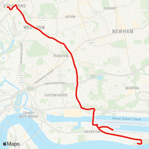 TfL N Woolwich - London City Airport - Prince Regent - Plaistow - Stratford map