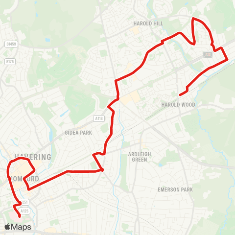 TfL Harold Wood Sta - Harold Hill - Gidea Pk - Romford Sta - Romford, Queens Hosp map