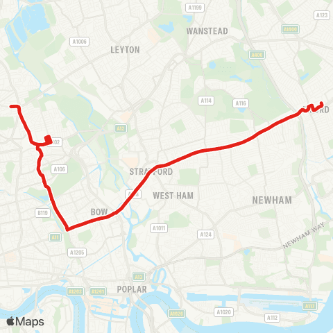 TfL Ilford - Stratford - Mile End - Homerton Hosp - Clapton, Nightingale Rd map
