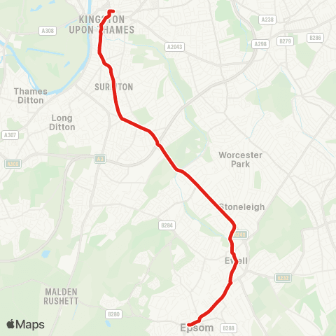 TfL Kingston - Surbiton Hill Rd - Tolworth Bway and Sta - Kingston Rd - Stoneleigh - Ewell Village - Epsom map