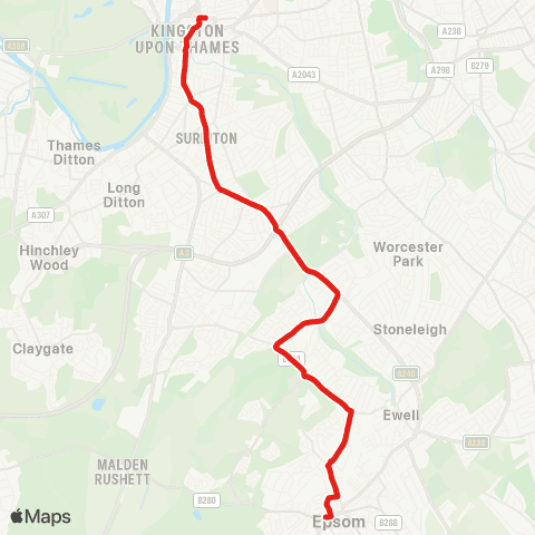 TfL Kingston - Surbiton Hill Rd - Tolworth Bway and Sta - Ruxley Ln - Hook Arena - W Ewell - Epsom map