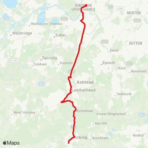 TfL Kingston - Surbiton - Hook - Chessington World of Adventures - Malden Rushett - Leatherhead - Mickleham - Box Hill - Westhumble - Dorking map