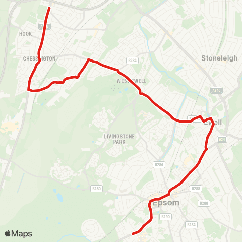 TfL Hinchley Wood Sch - Hook - Chessington - Epsom - Epsom Hosp map