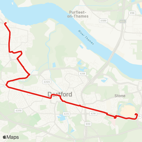 TfL Erith - Crayford - Dartford - Darent Val Hosp - Bluewater map