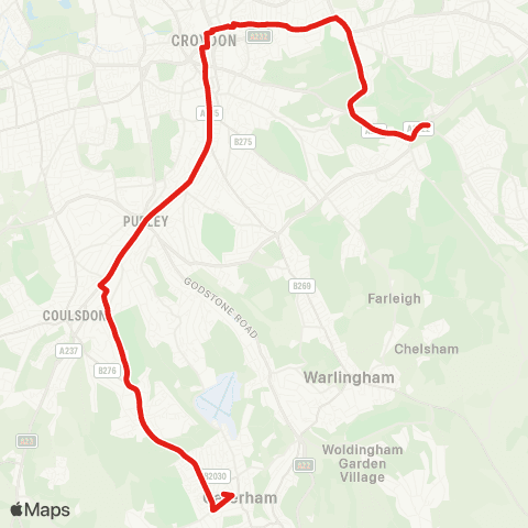 TfL Addington Interchange - Upper Shirley - S Croydon - Purley - Caterham-On-The-Hill map