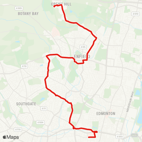 TfL Crews Hill - Enfield - Highlands Village - Edmonton (Cambridge) - N Middlesex Hosp map