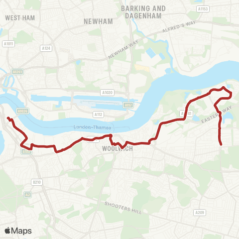 TfL N Greenwich - Bugsby Way - Charlton - Woolwich - Plumstead Sta - Thamesmead - Abbey Wood map