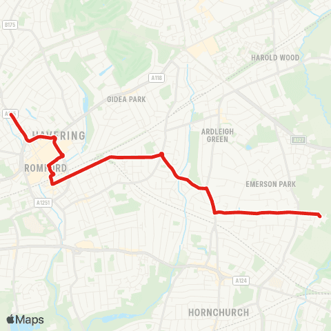 TfL Romford, N St Bus Garage - Heath Pk Rd - Gidea Pk - Parkstone Av - Emerson Pk Sch map