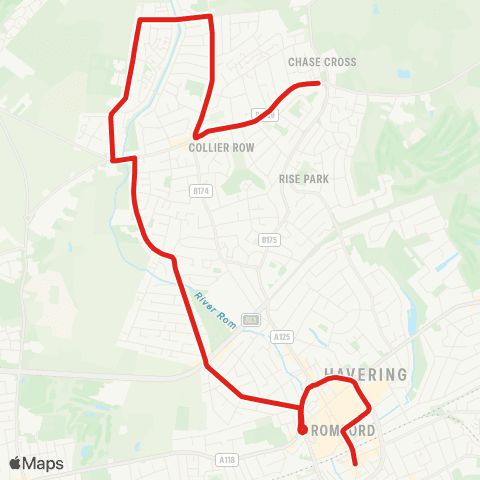TfL Romford Sta - Romford Market - Mawney Rd - Collier Row - Bower Pk Sch map