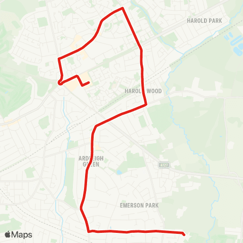 TfL Emerson Pk Sch - Parkstone Av - Ardleigh Green - Harold Wood - Gallows Corner, Tesco map