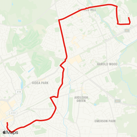 TfL Dagnam Pk Dr - Harold Hill - Gallows Corner - Gidea Pk - Romford map