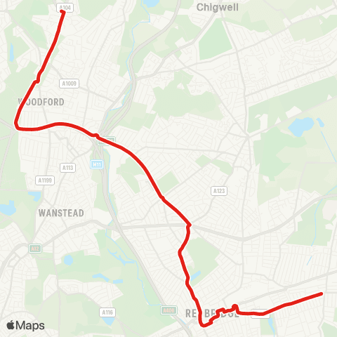 TfL Bancroft's Sch - Woodford Green - Charlie Brown'S Roundabout - Ilford - Goodmayes, Goodmayes Ln map