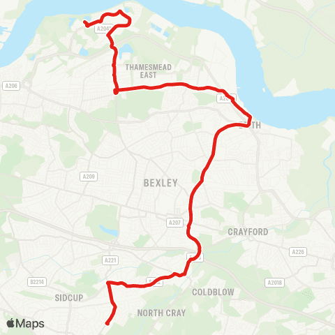 TfL Thamesmead - Abbey Wood - Belvedere - Erith - Northumberland Heath - Barnehurst - Bexley - Cleeve Pk Sch map