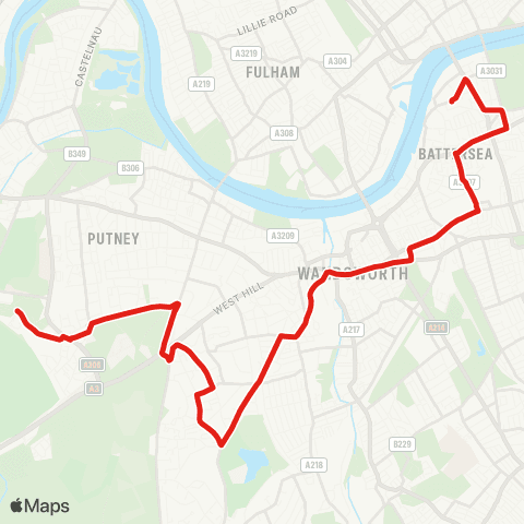 TfL Roehampton, Danebury Av - Putney Heath - Southfields - Wandsworth - Clapham Jct - Battersea - Battersea, St John Bosco Coll map