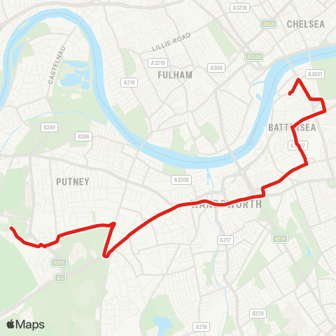 TfL Roehampton, Danebury Av - Putney Heath - W Hill - Wandsworth - Clapham Jct - Battersea - Battersea, St John Bosco Coll map