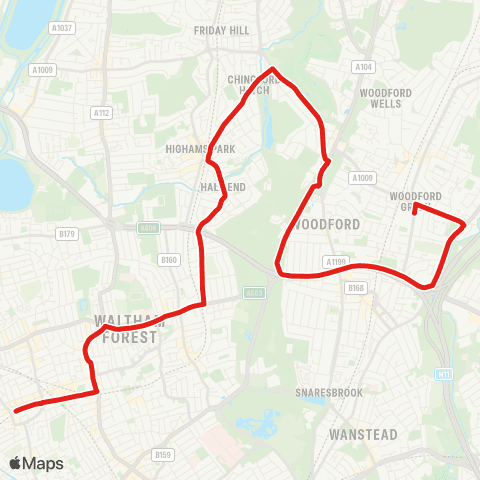 TfL Walthamstow, St James St - Walthamstow Central - Highams Pk - Woodford Green - Woodbridge HS map