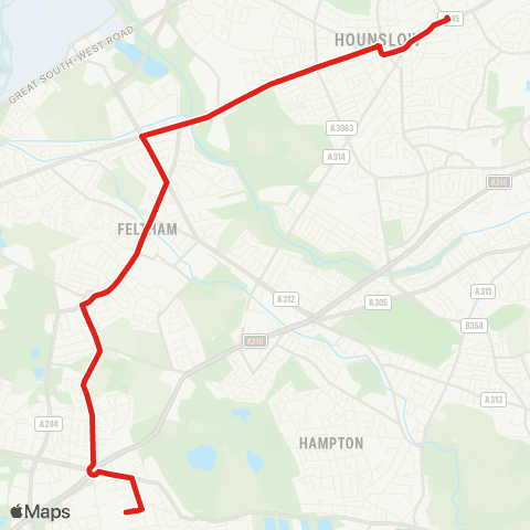 TfL Sunbury, St Paul's Sch - Lower Feltham - Feltham - Hounslow Heath - Hounslow, Bus Sta map