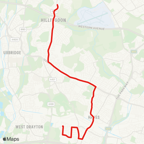 TfL Hayes, Bourne Av - Hayes & Harlington Sta - Church Rd - Hayes End - Hillingdon Sta - Long Ln - Ickenham map