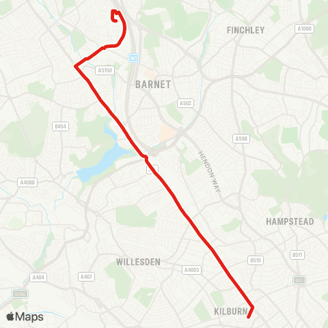 TfL Grahame Pk, Corner Mead - Colindale - W Hendon - Staples Corner - Cricklewood Bway - Brondesbury - Kilburn - Kilburn Pk map