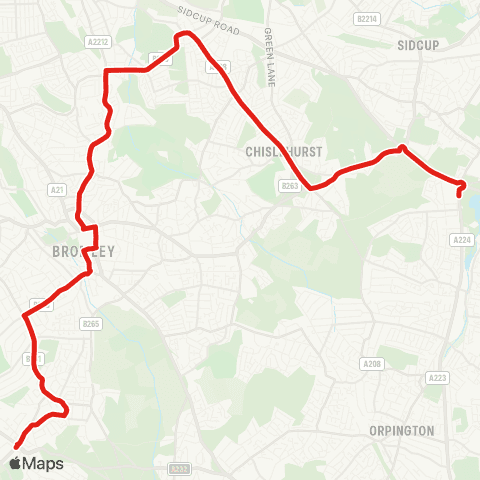 TfL Coney Hall - Bromley Town Ctr - Grove Pk - Chislehurst - Kemnal Tech Coll / Beaverwood Sch map