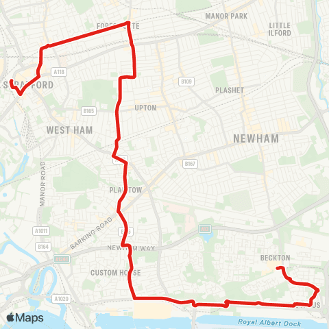 TfL Stratford - Upton Ln - Plaistow - Prince Regent - Beckton, Bus Sta map
