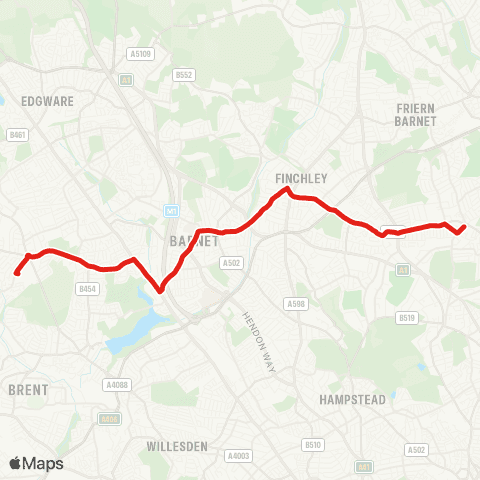 TfL Muswell Hill - Finchley Central - Hendon - W Hendon - Kingsbury map