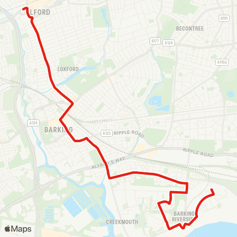 TfL Ilford Sta - Barking - Movers Ln - Thames View Estate - Barking Riverside map