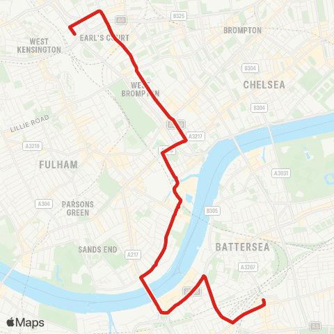 TfL Clapham Jct - Wandsworth Bridge - Sands End - Imperial Wharf - Chelsea Harbour - Earls Court - Earls Court, Tesco map