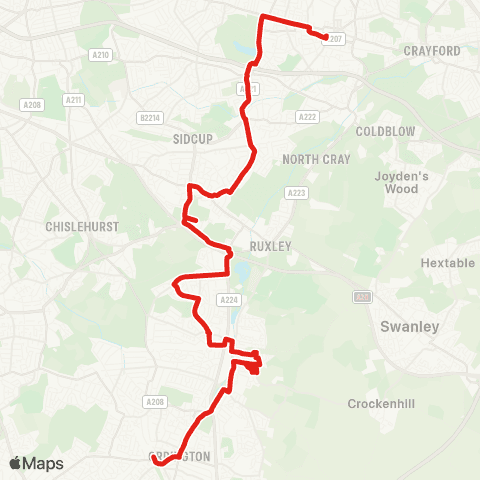 TfL Bexleyheath Library - Danson Rd - Blendon - Albany Pk - Sidcup - Queen Marys Hosp - St Mary Cray High St - Orpington Sta map