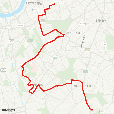 TfL Streatham, Green Ln - Tooting - Wandsworth Common - Clapham Jct - Battersea, Shaftesbury Estate map