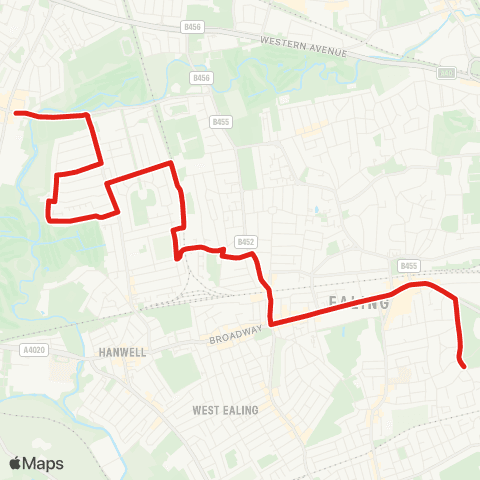 TfL Greenford Bway - Elthorne Hts - Castle Bar Pk Sta - W Ealing - Ealing, Warwick Dene map