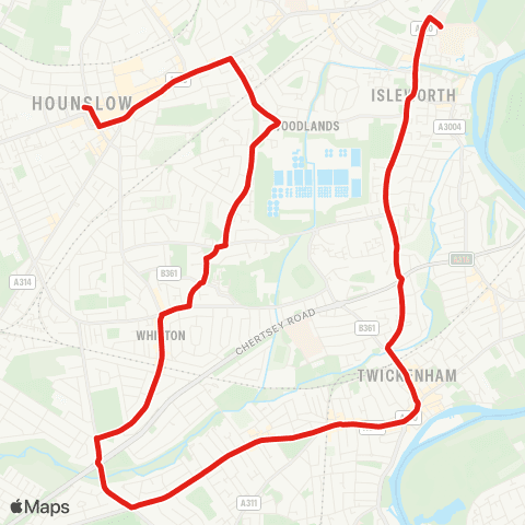 TfL Hounslow, Bell Corner - Hounslow Town Ctr - Twickenham - Isleworth War Mem - Isleworth, W Middlesex Hosp map
