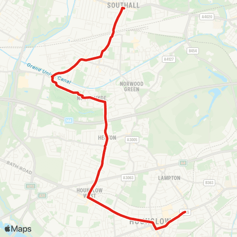 TfL Hounslow Bus Sta - Hounslow W - Heston - Convent Way Estate - Southall Sta - Southall, Town Hall map
