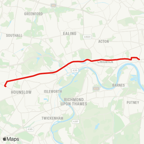 TfL Hounslow W Sta - Osterley Sta - Gillette Corner - Great W Rd - Chiswick Roundabout - Gunnersbury - Turnham Green - Stamford Brook - Ravenscourt Pk - Hammersmith, Bus Sta map