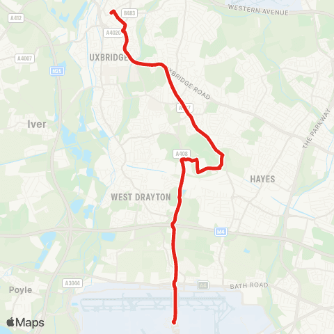 TfL Uxbridge - Hillingdon Hill - Harlington Rd - Stockley Pk - Heathrow Central map