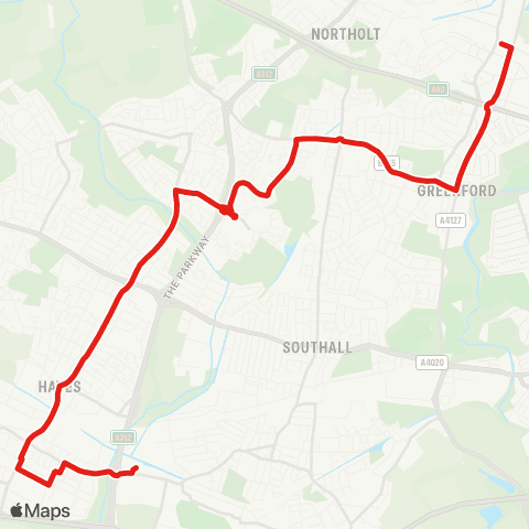 TfL Greenford Sta - Greenford Bway - Yeading Tesco - Hayes (Grapes) - Hayes & Harlington Sta - Bulls Bridge map