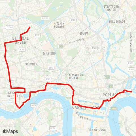 TfL Bethnal Green - Shadwell - Limehouse - Canary Wharf - Leamouth map