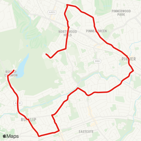 TfL Northwood Hills, St Vincent's - Pinner Green - Pinner - Eastcote - Ruislip Lido map