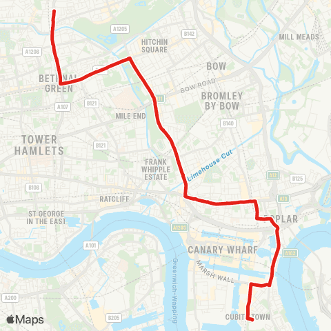 TfL Ash Grove - Cambridge Heath - Bethnal Green - Mile End - Poplar - Crossharbour map