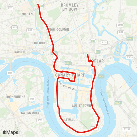 TfL Poplar, All Saints - Island Gardens - Westferry Rd - Canary Wharf - Mile End map
